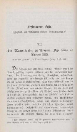 VII. Ein Maurerbanket zu Provins (Dep. Seine et Marne) 1845.