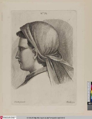 [Bildnis einer Frau mit Kopftuch im Profil nach links, Detail einer Figur aus Giottos Fresken in der 1770 abgebrannten Cappella Manetti, in der Größe des Originals]