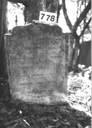 Grabstein 778 (Index: 99900339) Material: Sandstein Zustand: stark verwittert Maße HxBxT: 88x60x7 cm Beschreibung: Stele mit eingezogenem Schulterbogenabschluss, im Bogenfeld Voluten und Blüten Symbolik: Blüten, Voluten: Grabstein 778