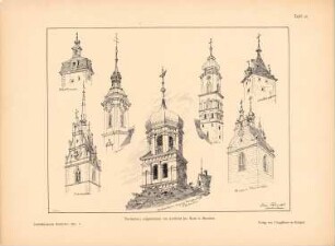 Turmhelme, Schaffhausen, Bregenz, Lindau, Friedrichshafen: Perspektivische Ansichten (aus: Architekt. Rundschau, hrsg.v. Eisenlohr & Weigle, 1896)