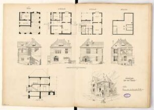 Landhaus Monatskonkurrenz März 1896: Grundriss Keller, Erdgeschoss, Obergeschoss, Dachgeschoss, Aufrisse aller vier Seiten, Querschnitt, perspektivische Ansicht; Maßstabsleiste