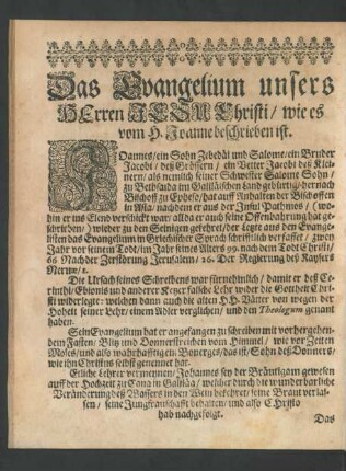 Das Evangelium unsers HErren JESU Christi / wie es vom H. Joanne beschrieben ist