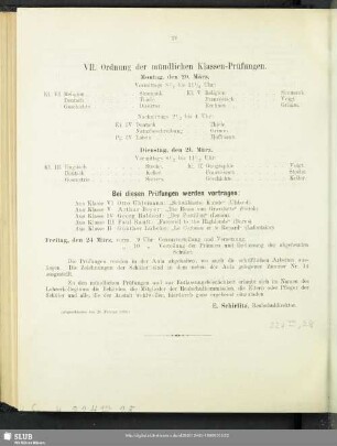 VII. Ordnung der mündlichen Klassen-Prüfungen