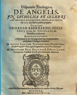 Disputatio Theologica, De Angelis