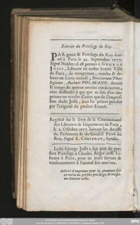 Extrait du Privilege du Roy.