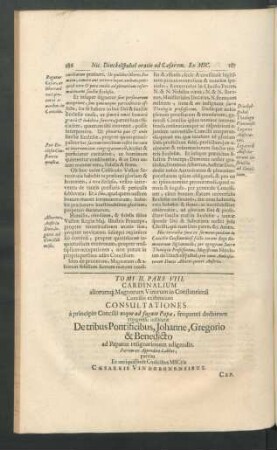 Tomi II. Pars VIII. Cardinalium aliorumque Magnorum Virorum ... Consultationes