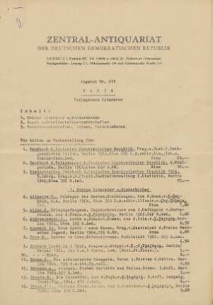 Nr. 617: Varia Verlagsneue Literatur