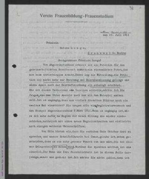 Brief von Adelheid Steinmann an Helene Lange