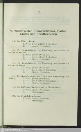V. Wintergärten, Gewächshäuser, Bartenbauten und Geräthschaften