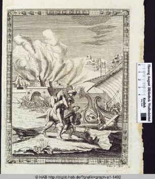 Aeneas flieht aus dem brennenden Troja.