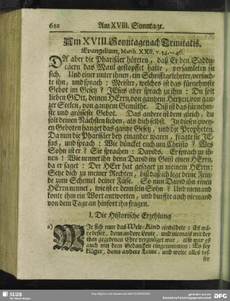 Am XVIII. Sonntage nach Trinitatis. Evangelium, Matth. XXII. v. 34 - 46