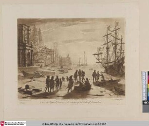 [Seehafen mit Sonnenuntergang und vielen Figuren]