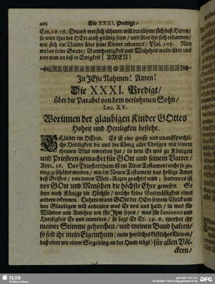 Die XXXI. Predigt, über die Parabol von dem verlohrnen Sohn, Luc. XV.