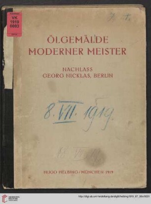 Ölgemälde moderner Meister : Nachlass Georg Nicklas, Berlin; Auktion in München in der Galerie Helbing, 8. Juli 1919