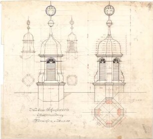 Pfann, Paul; München - Mittersendling, Zielstattstr.; Neue Schießstätte - Türmchen (Grundrisse, Ansichten, Details)