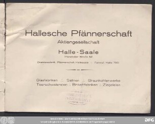 Hallesche Pfännerschaft : Aktiengesellschaft Halle-Saale ; Glasfabriken, Salinen, Braunkohlenwerke, Teerschwelereien, Brikettfabriken, Ziegeleien