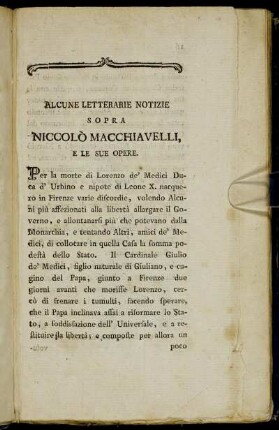 Alcune Letterarie Notizie Sopra Niccolò Macchiavelli, E Le Sue Opere