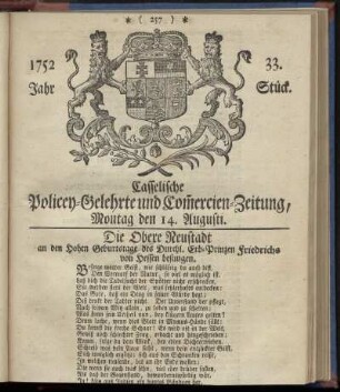 33. Stueck, Montag den 14. Augusti 1752