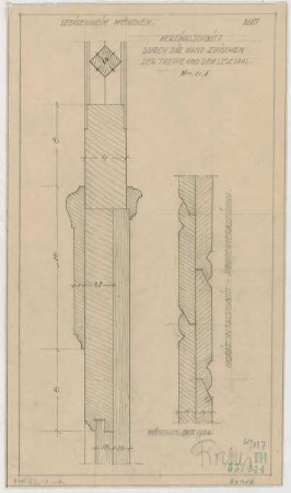Fischer, Theodor; München - Westend, Bergmannstr.; Ledigenheim - Wand zwischen Treppe u. Lesesaal (Schnitte)
