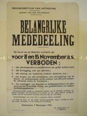 Maueranschlag für das besetzte Belgien mit Anordnungen für die Feiertage zwischen dem 11. und 15 November 1941 (einsprachig)