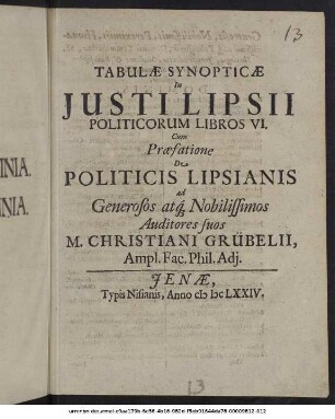 Tabulae Synopticae In Iusti Lipsii Politicorum Libros VI