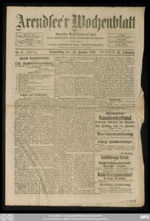 Arendsee'r Wochenblatt, Nr. 6. Donnerstag, den 13. Januar 1921.