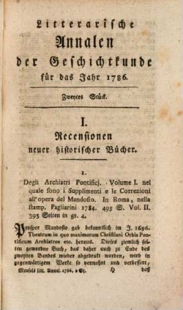 Litterarische Annalen der Geschichtkunde in und außer Teutschland : für das Jahr .... 2. 1786