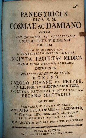 Panegyricus divis M. M. Cosmae ac Damiano