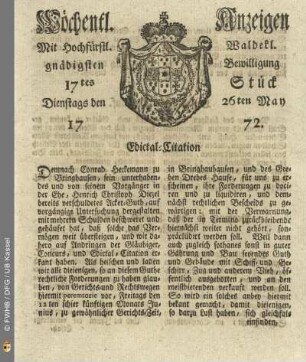 17tes Stueck, Dienstags den 26ten May 1772