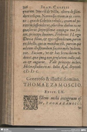 Generoso & illustri domino Thomae Zamoscio. Epist. LX.