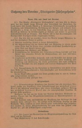 Satzung des Vereins "Stuttgarter Fürsorgeheim"