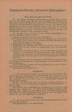 Satzung des Vereins "Stuttgarter Fürsorgeheim"