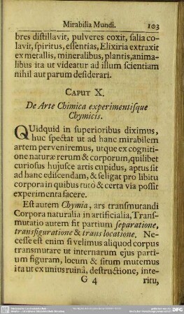 Caput X. De Arte Chimica experimentisque Chymicis