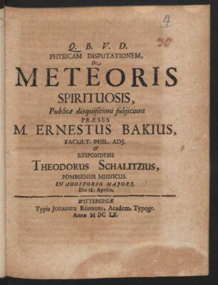 Physicam Disputationem, De Meteoris Spirituosis
