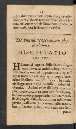 De difficultate operationis physicochemicae. Disceptatio Octava.