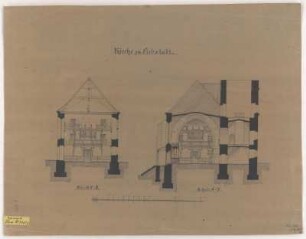 Liebstadt, Stadtkirche, Querschnitte : Liebstadt, Stadtkirche, Querschnitte, Plankopie mit Korrekturen zum Patronatsgestühl der Herren von Carlowitz, Blattrückseite, Skizze in Bleistift und Inschrift (Tinte), Richard Steche, um 1890. Feder, Bleistift/Papier. 44,6 x 57,9 cm. Bez.: "Kirche zu Liebstadt. Schnitt C - D. Schnitt E - F." Maßstab mit Maßeinheit "Meter" (20 Meter=20 cm).