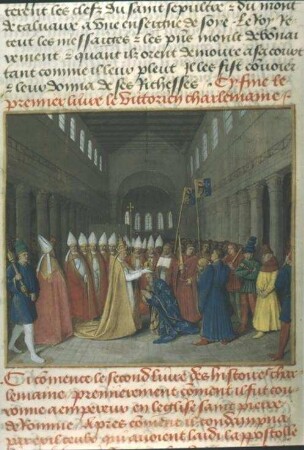 Grandes Chroniques de France — Die Krönung Karls des Großen durch Papst Leo III. in der Kirche Sankt Peter zu Rom am Weihnachtstage des Jahres 800, Folio 89 verso