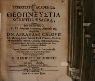 Exercitatio acad. de theopneustia Scripturae Sacrae