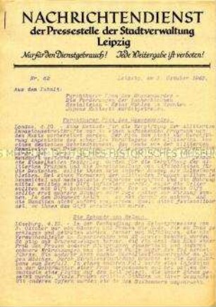 Interner Nachrichtendienst der Stadtverwaltung Leipzig u.a. zum "Bergen-Belsen-Prozess" in Lüneburg und zur Ernährungslage in Deutschland ("Nur für den Dienstgebrauch")