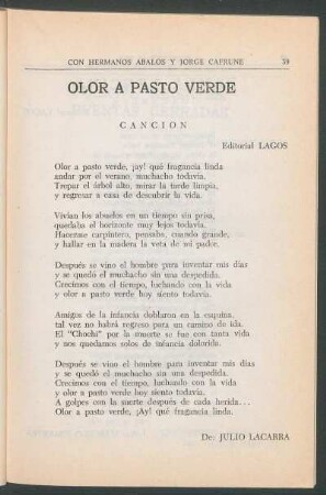 Olor a pasto verde : Canción. - Editorial Lagos