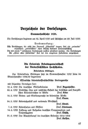 Verzeichnis der Vorlesungen. Sommerhalbjahr.