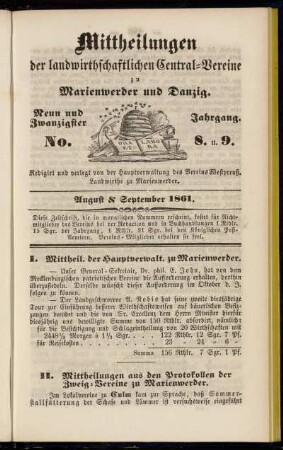 Neun und Zwanzigster Jahrgang. No. 8. u. 9. August & September 1861.