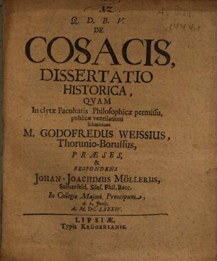 De Cosacis, Dissertatio Historica