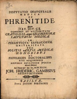 Disputatio Inauguralis Medica De Phrenitide