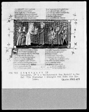 Weltchronik des Rudolf von Ems — Die Königin von Saba vor Salomo, Folio 179verso