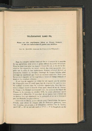 Télégraphie sans fil: Notes sur les expériences faites au Congo français et sur une installation de poste aux Antilles (avec cartes), croquies et planches hors texte.