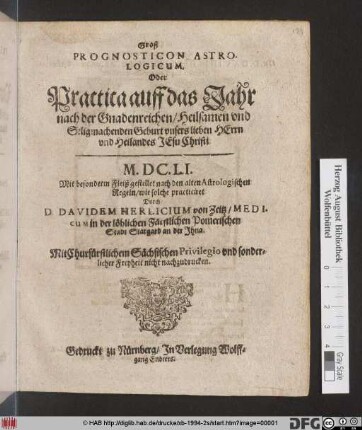 Groß Prognosticon Astrologicum, Oder Practica auff das Jahr ... M.DC.LI.