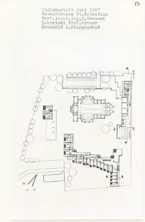 Gemeindehaus St. Sebastian, Berlin-Gesundbrunnen (Diplomarbeit bei Willy Kreuer): Grundriss 1. Obergeschoss
