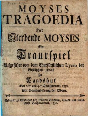 Moyses : Tragoedia = Der Sterbende Moyses