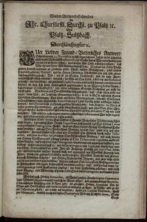 Wieder-Antwort-Schreiben An Ihr. Churfürstl. Durchl. zu Pfaltz [et]c. Von Pfaltz-Sultzbach : [Sultzbach den 15. Ianuarii 1695.]